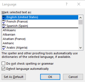 Language selection dialog box with English selected