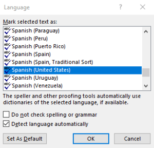 Language selection dialog box, "Spanish (United States)" selected