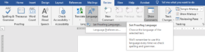 Within the Review Tab, "Language" is selected with a submenu showing the option "Set Proofing Language" highlighted