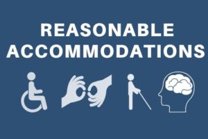 Text reading reasonable accommodations and symbols of a person in a wheelchair, hands performing sign language, a person using a white cane, and an outline of a person's head showing their brain